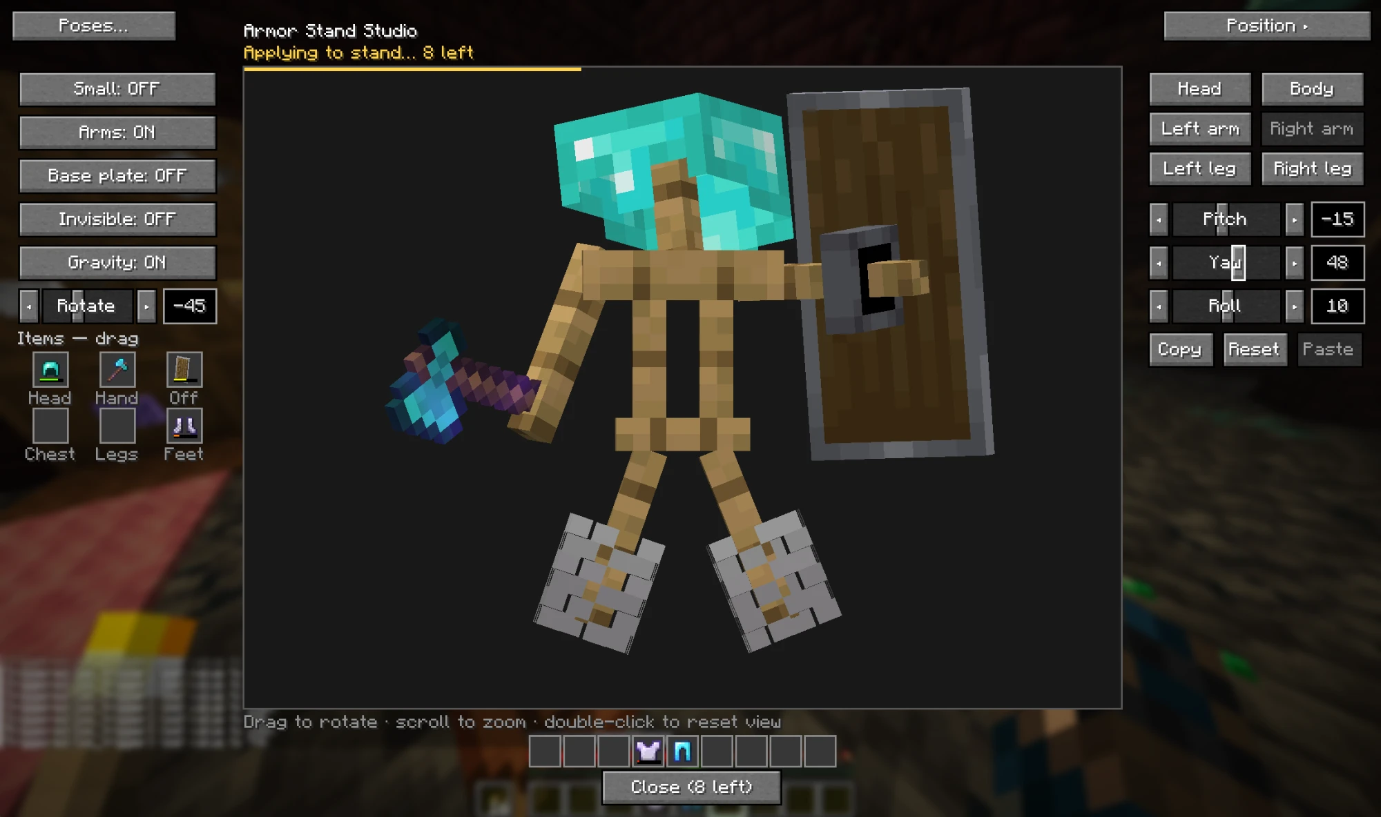 The editor: toggles and item slots on the left, a 3D preview of an armor stand with a diamond helmet, axe and shield in the middle, and body-part angle controls on the right. The status line reads 'Applying to stand… 8 left'.
