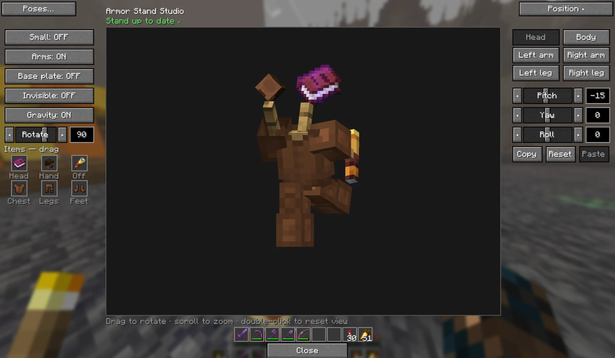 A stand in leather armor holding a torch, with an enchanted book on its head, turned to Rotate 90 and Base plate off. The status reads 'Stand up to date' in green.