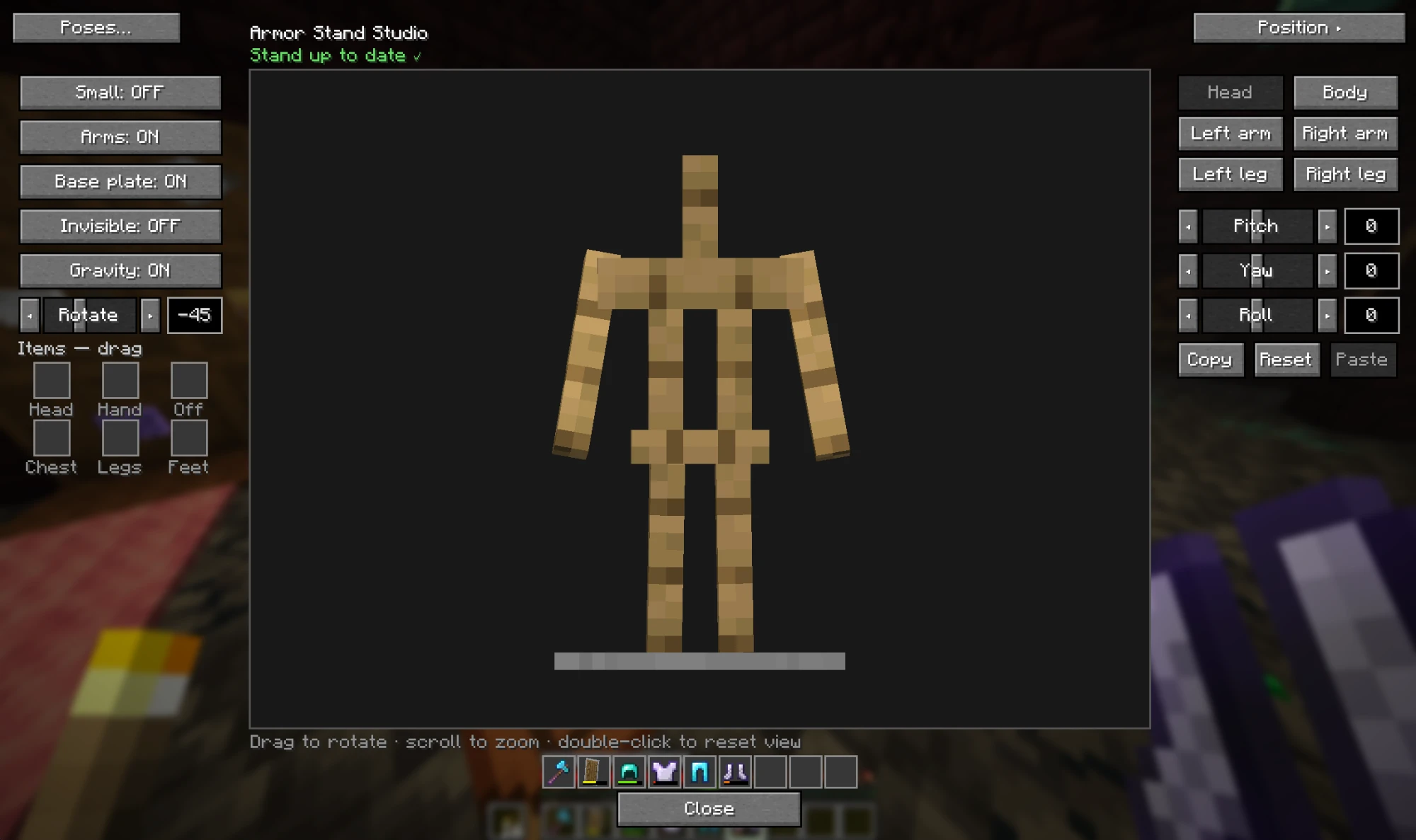 A plain armor stand in the editor with Head selected and Pitch, Yaw and Roll at 0. The left column shows Small off, Arms on, Base plate on, Invisible off, Gravity on and Rotate -45.