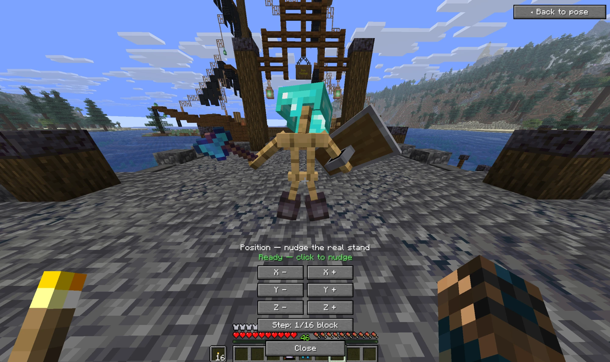 Position mode: the real armor stand on a stone pier, with X, Y and Z minus and plus buttons and a step size of 1/16 block.